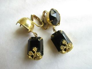 Vintage Miriam Haskell Drop Dangle Black Glass Gold Tone Earrings Repair