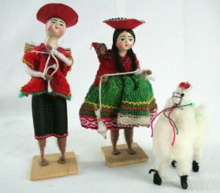 Vintage Peru Peruvian Folk Art Handmade Dolls And Alpaca Llama 5 1/2 " High Wb20