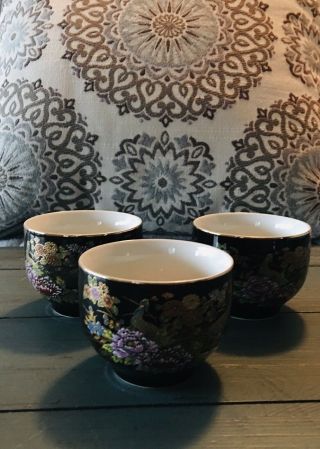 Vintage Japanese Tea Set Black Gold With Peacock & Flowers Tea 3 Cups
