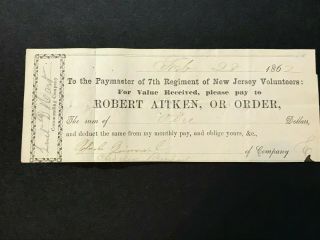 1862 Civil War Paymaster Receipt Jersey Volunteers