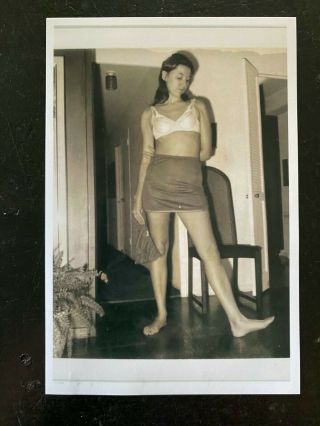 Vintage Odd Photo,  Sexy Lady In Bra & Skirt Holding Her Panties,  C1960s