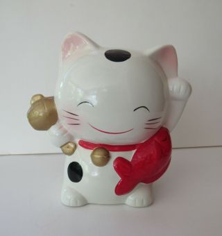 Vtg Kawaii Lucky Kitty Cat Maneki Neko Large Ceramic Bank 7 " W/ Red Fish & Bell