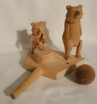 Russian Hand Carved Folk Art Wood Articulated Toy Bears Drummer And Dancer