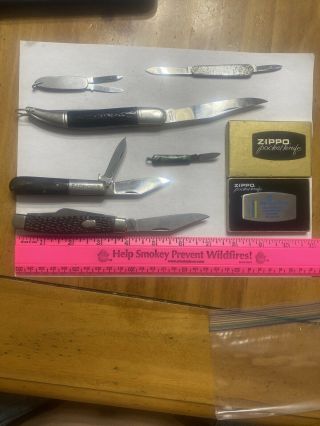 (7) Vintage Pocket Knives And Tools; Barlow,  Imperial,  Ideal Products,  Zippo