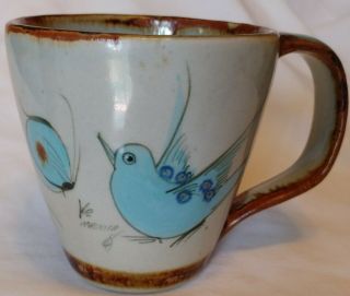 Ken Edwards Pottery Coffee Cup Mug Tonala Mexico Blue Bird,  Butterfly & Flower