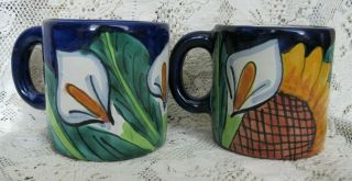 Vintage Talavera Mexican Pottery Coffee Cups Mug Hand Painted Lilies Lead