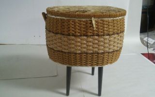 Vtg Singer Sewing Basket With Handle & Feet Japan Made Cute Woven Fabric Top