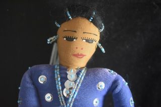 Vintage Navajo Tourist Doll,  Circa 40 Yrs Old.  Blue Velveteen Dress,  Turquoise