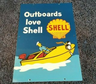 Vintage " Shell Outboard Motor Oil " 18 " Porcelain Metal Gasoline Marine Boat Sign