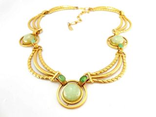 Vtg Gold And Jade Cab Designer Signed 1928 Jewelry Co Fashion Statement Necklace