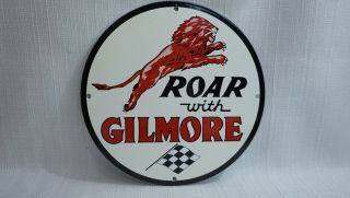 Vintage Gilmore Lion Head Can Porcelain Sign Gas Motor Oil Station Pump Plate