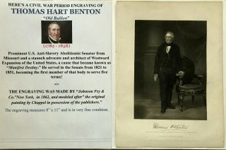 Civil War 1862 Engraving Slavery Abolitionist Manifest Destiny Senator Mo Benton