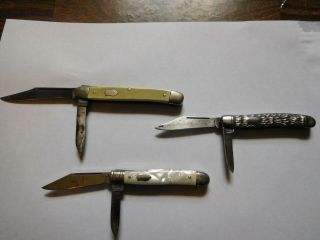 3 Vintage Pocket Knife,  Imperial 2 Blade Knives Chrome And 2 White Cream Handles