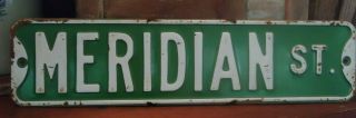Vintage Embossed Metal Street Sign Meridian St.  Green W/ White Letters