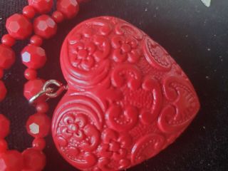 Vintage Puffy Red Heart Charm Necklace Celluloid Chain Rare
