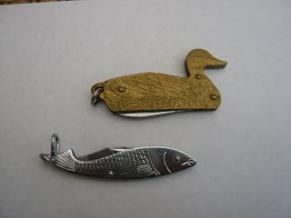 2 Vintage Small Pocket Key Fob Knife Penknife Brass Duck And Chromed Fish