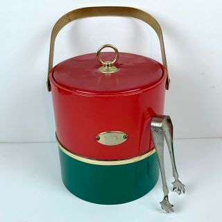 Georges Briard Red Green Ice Bucket Tongs Vintage Mid Century Modern Christmas