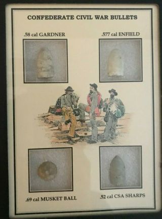 Confederate Civil War Bullets Relics In Matted Display Case (4 Piece)
