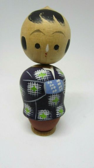 Vintage Kokeshi Little Boy Bobble Head Japanese Wood Doll Figure Blue Robe 3 "
