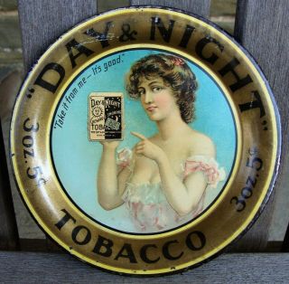 Day & Night Advertising Tin Litho Tobacco Tray Cincinnati Ohio With Pretty Lady