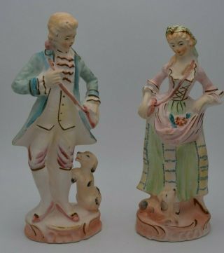 Wales Victorian Man And Woman W/ Dogs Porcelain Figurines Japan Vintage