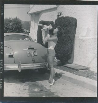 Vintage Contact Sheet Photo 2.  5x.  2.  5 1956 Sexy Pin - Up California Car & Cat 2