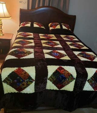 Vintage Velvet Patchwork Quilt Bedspread 70s Bohemian Heaven Mahal Brown Queen