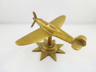 Ww2 / Vintage Brass Raf Spitfire Aeroplane Desktop Model With Stand