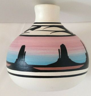 Hand Crafted Pottery Vase With Southwest Design Landscape Signed By Artist