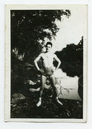 4 Vintage Photo Swimsuit Soldier Boy Man At The Lake Snapshot Gay