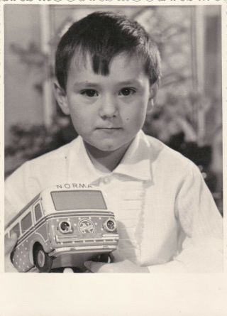 1970s Cute Little Boy W/ Toy Bus Car Norma Child Old Soviet Russian Photo