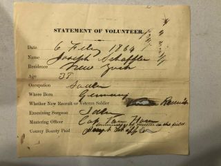 Statement Of Volunteer York Civil War Enlistment 1864 15th German Heavy Art