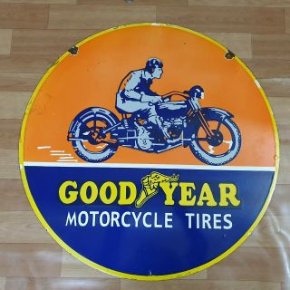 Goodyear Motorcycle Tires 2 Sided Porcelain Enamel Sign 30 Inches Round