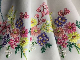 Pretty Vintage Hand Embroidered Tablecloth Lovely Ribboned Floral Posies.
