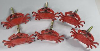 6 Vintage Red Crab Shellfish Cabinet Knobs Drawer Pulls Nautical Sea Cast Iron