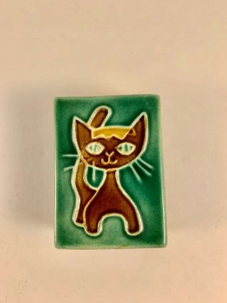Vintage Ceramic Tile Top Match Box Hand Painted Art Deco Cat / Kitten