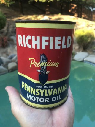 Vintage Richfield Pennsylvania Full Quart Motor Oil Can - Freeship