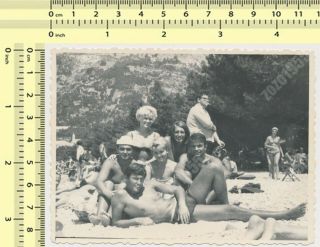 Crowded Beach,  Group Shirtless Men & Swimwear Women Ladies Guys Vintage Photo