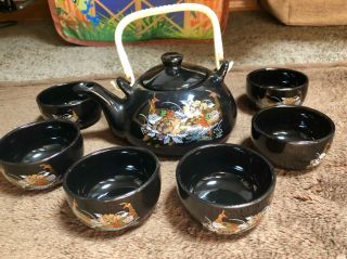 Vintage Oriental Black Ceramic Tea Set,  Teapot And 6 Cups,  Peacocks Design