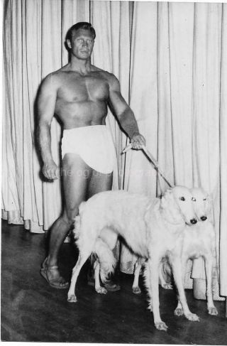 Muscle Man And His Dogs Vintage Found Bodybuilder Photograph Bw Portrait 07 11 P