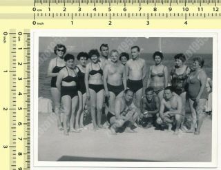 Beach Group Shirtless Men Guys & Swimsuit Swimwear Bikini Women Ladies Old Photo
