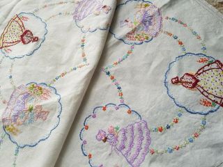 Rare Vintage Linen Hand Embroidered Tablecloth With 12 Crinoline Ladies