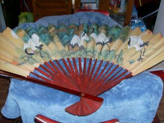 Mid Century Very Large Japanese Vintage Hand Painted Cranes Fan 40 " Tall 68 " Wide