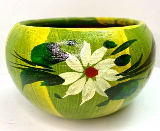 Vtg Mexican Handpainted Pottery Planter Pot Green Floral Terra Cotta Bowl Mexico