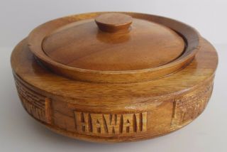 Covered Bowl Vintage Carved Monkey Pod Wood Hawaii Tiki Bar Hawaiian Dish