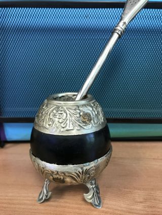 Vintage Alpaca Industria Argentina Mate Tea Gourd Cup & Strainer Straw