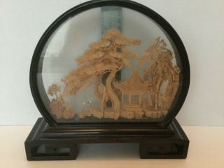 Vintage Japanese Intricate Cork Art With Cranes Under Glass W Wood Stand 9x8.  5 "