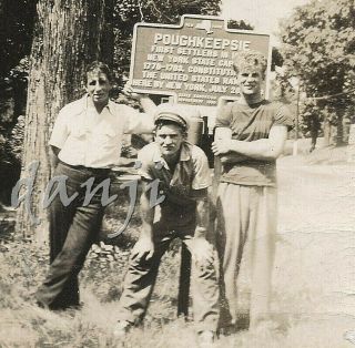 Tough Young Men In Studly Pose By " Poughkeepsie " Ny Road Sign Old Photo