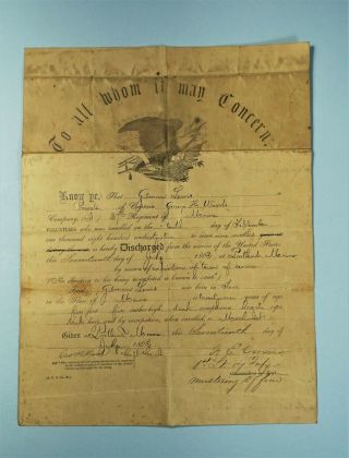 1863 Civil War Discharge Paper Gilman Lewis Company A 27th Regiment Maine