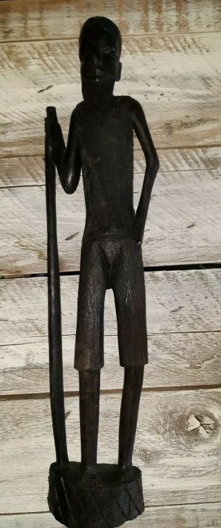 Vintage Ebony Wooden Hand Carved Statue Figurine African Man With Walking Stick